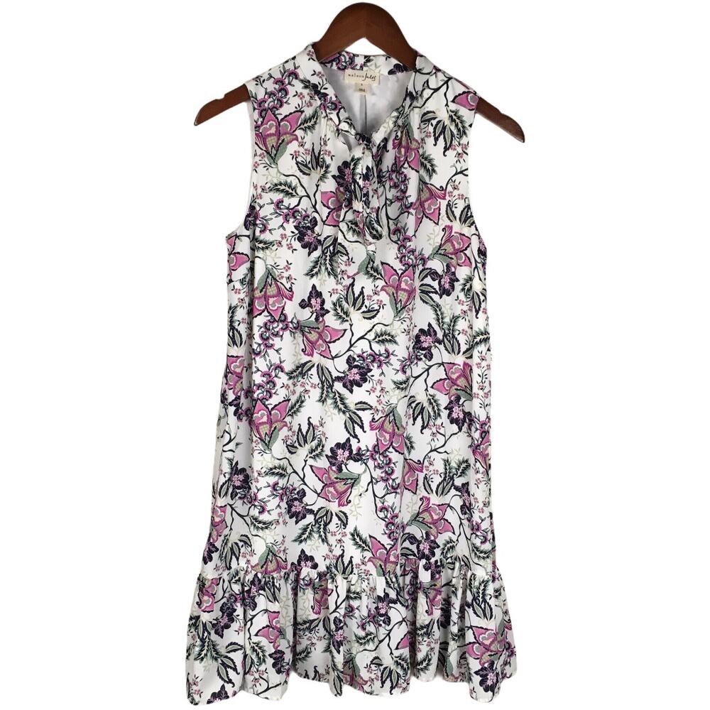 Maison Jules Dress Tie Neck White Floral Mini‎ Sleeveless Women's S Party NEW